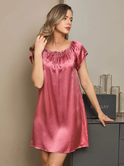 100% Mulberry Silk Cap Sleeve Square Neck Babydoll Short Nightgown