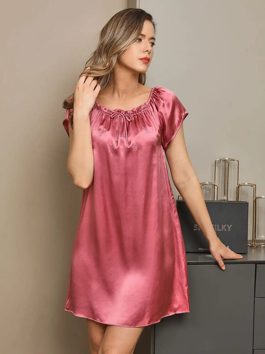 100% Mulberry Silk Cap Sleeve Square Neck Babydoll Short Nightgown