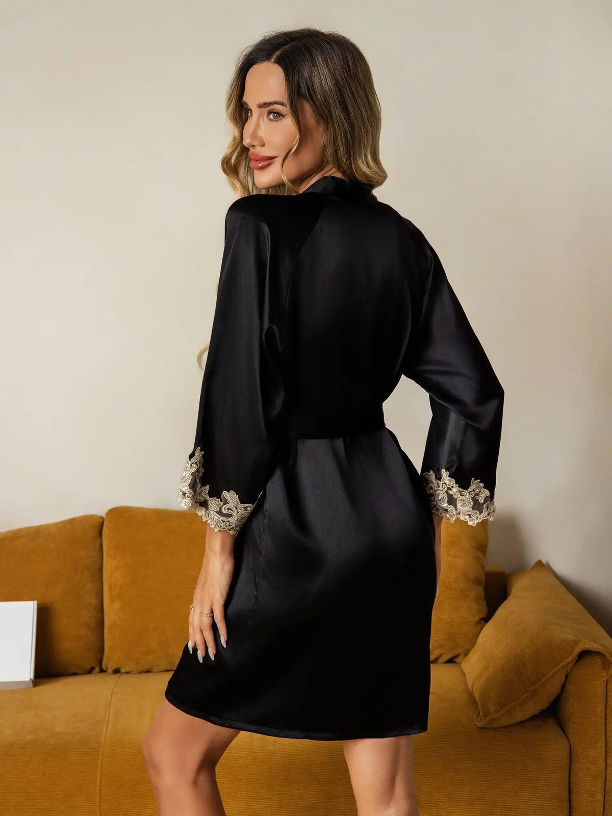 100% Mulberry Silk Lace Cuffs Robe Wrap Kimono Belted with 3/4 Sleeves