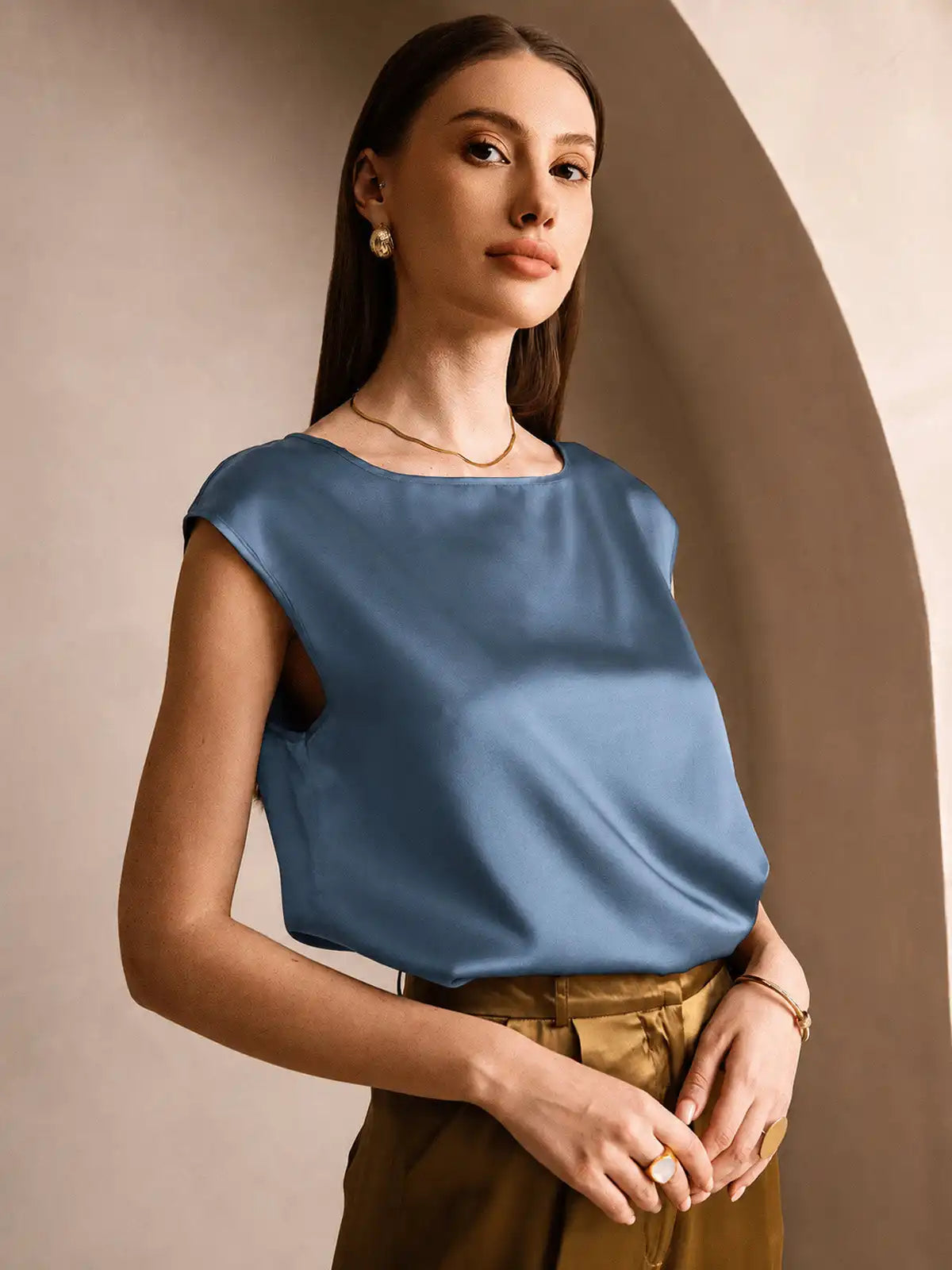 19Momme Women's Silk Cap Sleeve Round Neck Top