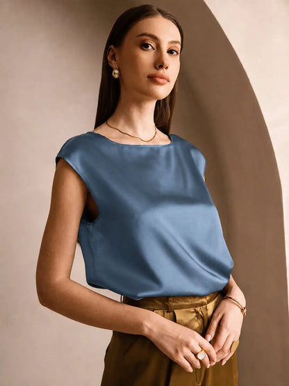 19Momme Women's Silk Cap Sleeve Round Neck Top
