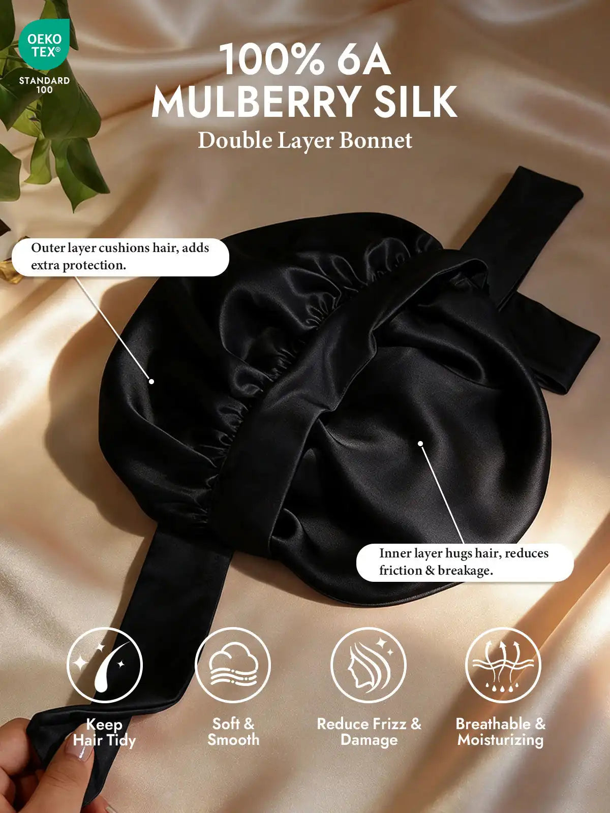 100% Mulberry Silk Double-Layer Bonnet with Adjustable Long Tie