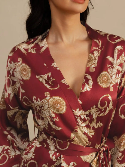 Clearance - 100% Mulberry Silk Dragon Print 3/4 Sleeve Women's Kimono Robe With Belt