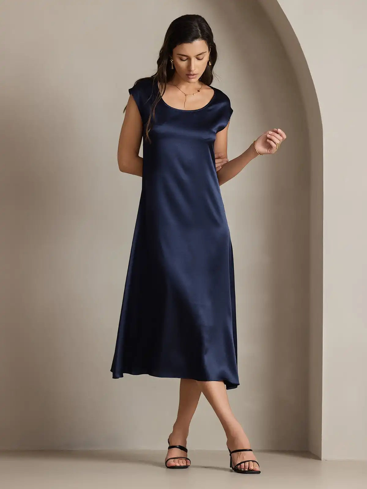 Clearance - 19Momme Silk Round Neck Cap Sleeve Midi Dress