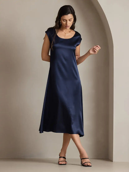 Clearance - 19Momme Silk Round Neck Cap Sleeve Midi Dress