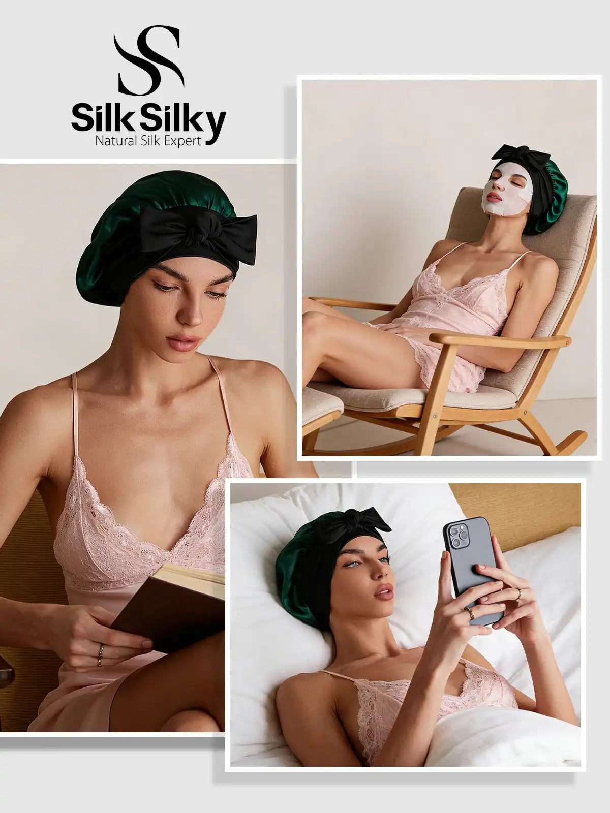 100% Mulberry Silk Bonnet Bowknot Tie Sleep Cap for Hair Protection