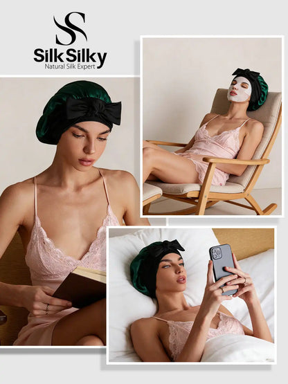 100% Mulberry Silk Bonnet Bowknot Tie Sleep Cap for Hair Protection