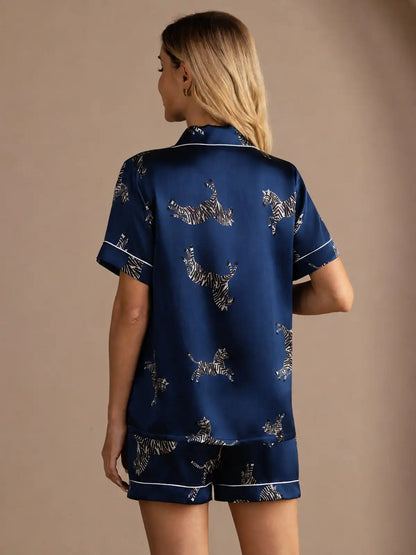 100% Mulberry Silk Women's Zebra Print Short Sleeve Button Up Pajama Set