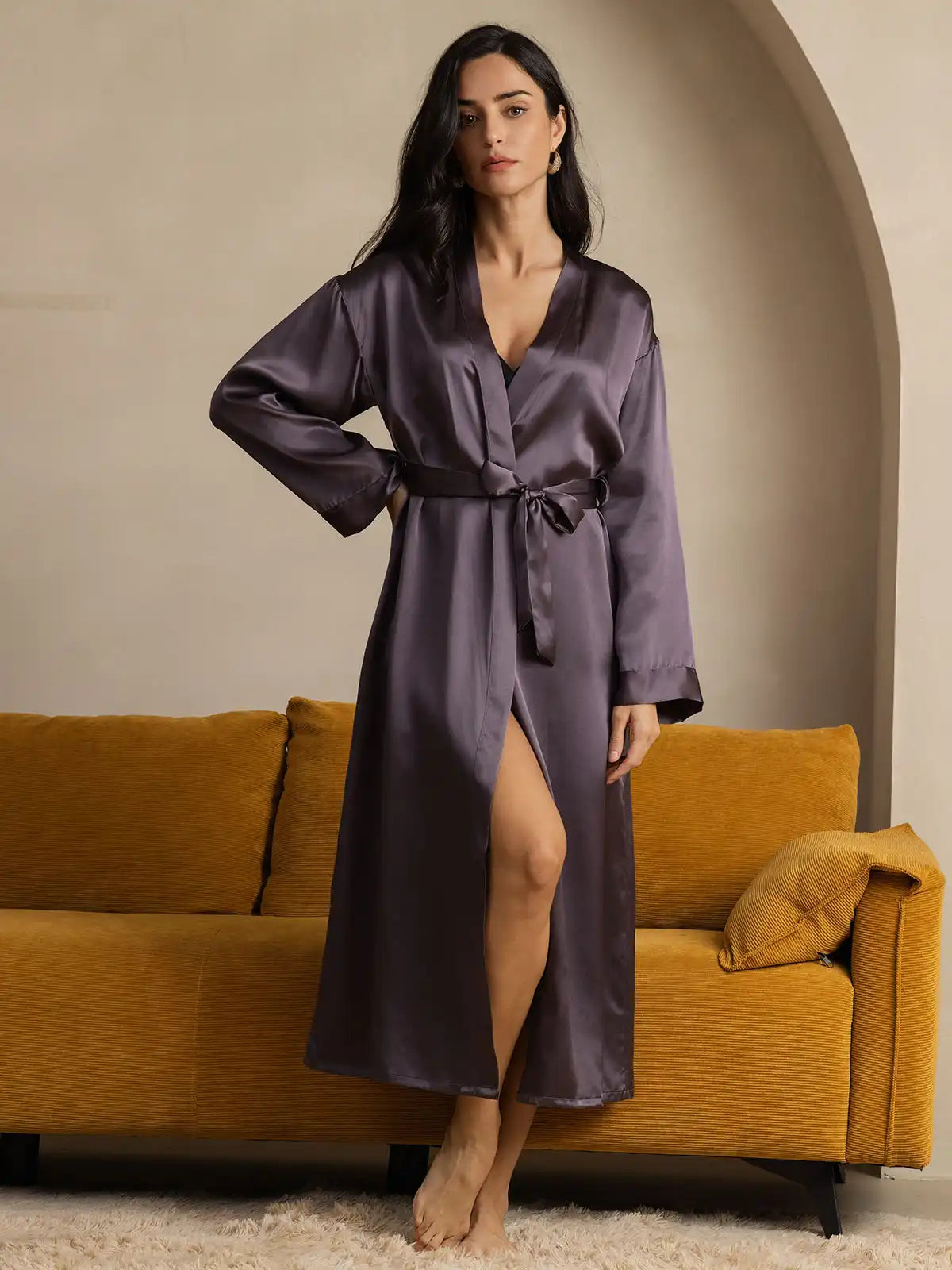 Women's 100% Mulberry Silk Long Sleeve Midi Wrap Robe