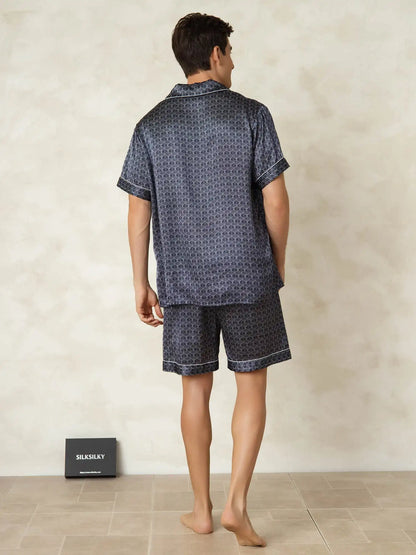Men's 100% Mulberry Silk Ginkgo Print Short Sleeve Lapel Collar Pajamas Set