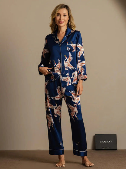 19Momme 100% Mulberry Silk Crane Print Women's Long Sleeve Notch Collar Pajamas Set