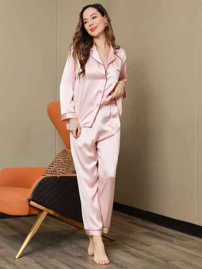 Clearance - Women's 100% Mulberry Silk Long Sleeve Lapel Collar Pajamas Set