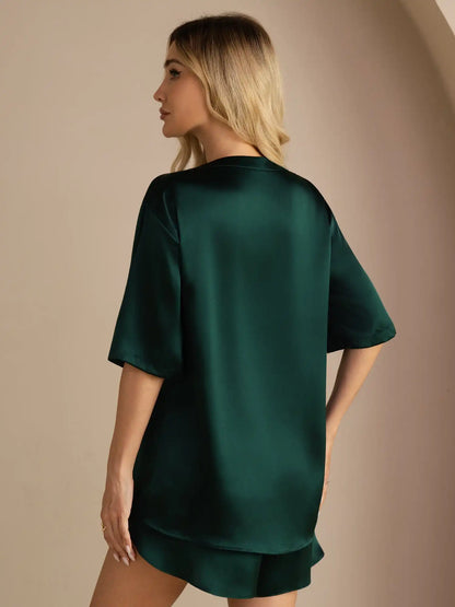 100% Mulberry Silk Short Sleeve Round Neck Women's Pajamas Set