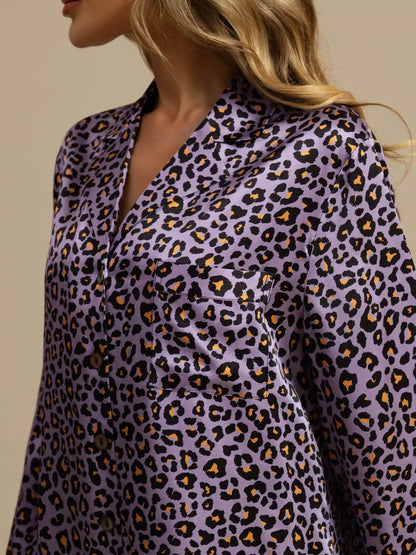 Clearance - 19Momme Pure Silk Women's Leopard Print Nightshirt with High-Low Hem