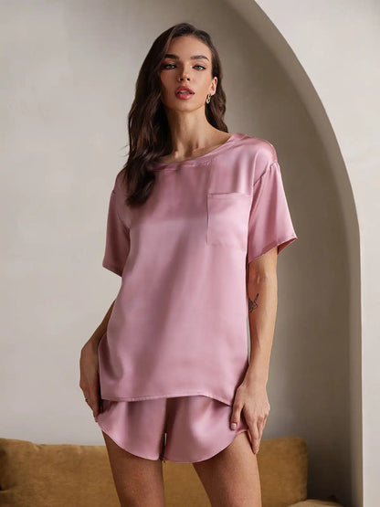 100% Mulberry Silk Short Sleeve Round Neck Women's Pajamas Set