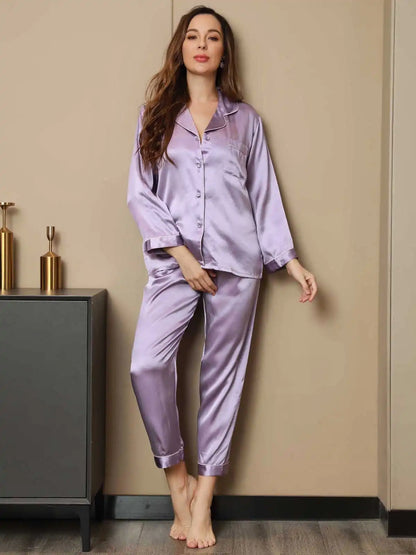 Clearance - Women's 100% Mulberry Silk Long Sleeve Lapel Collar Pajamas Set