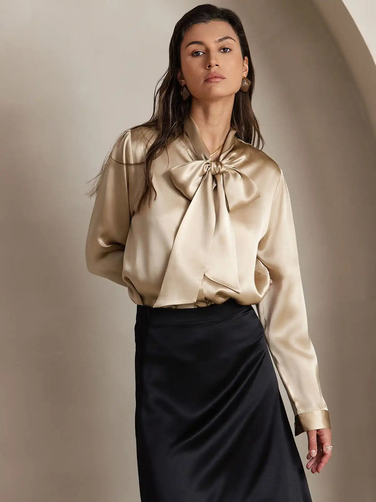 Clearance - Elegant 19Momme Silk Long Sleeve Tie Neck Blouse