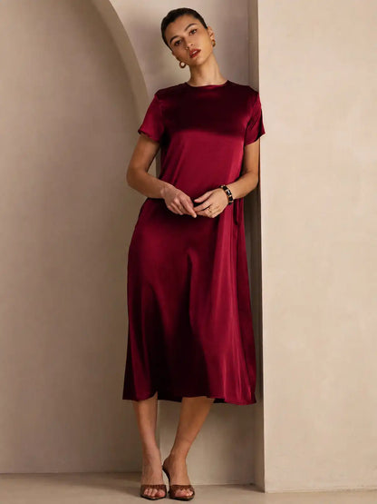 19Momme Silk Short Sleeve Crew Neck  Midi Dress With Side Pockets