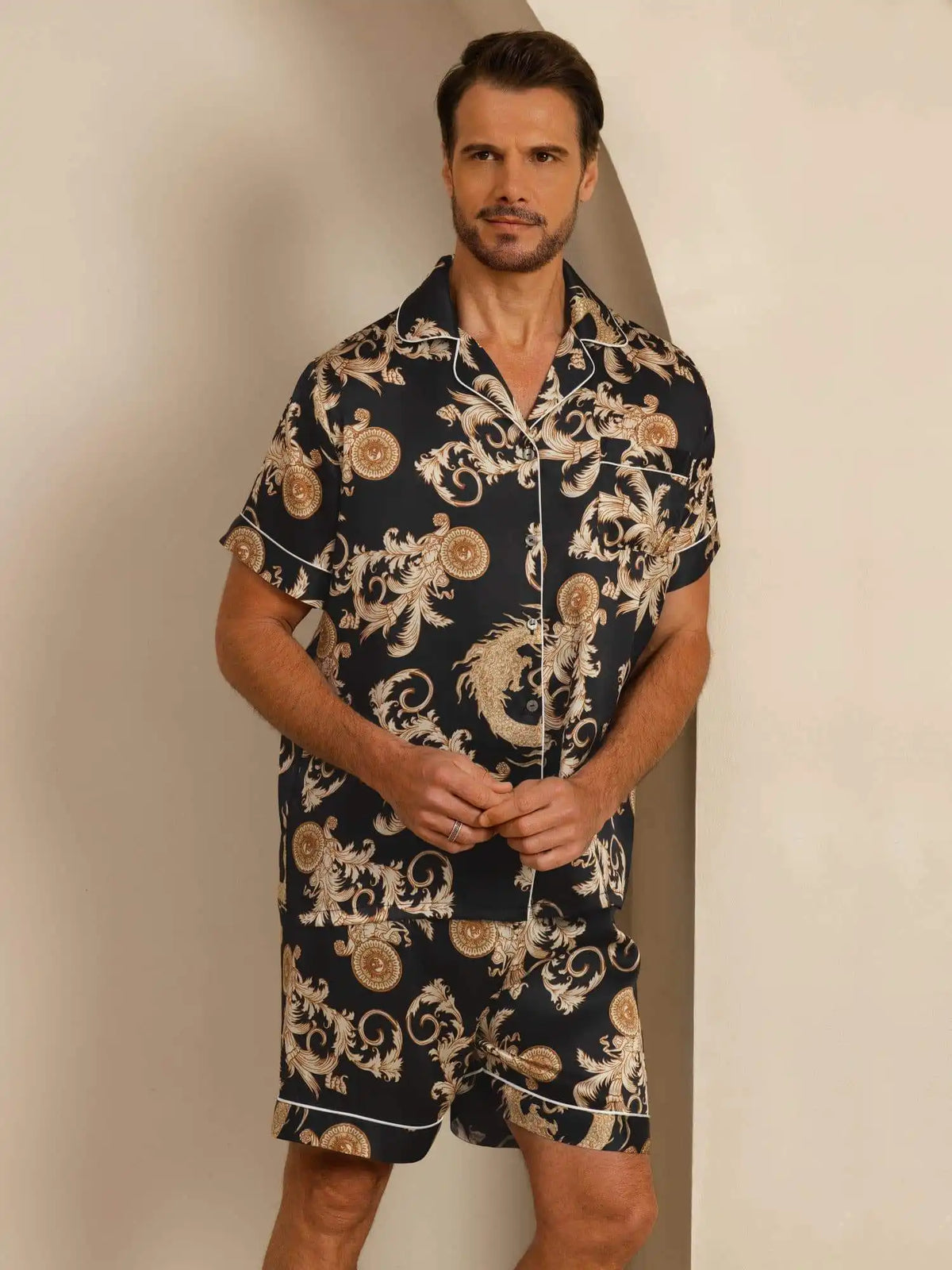 100% Mulberry Silk Men's Dragon Print  Short Sleeve Lapel Collar Pajamas Set