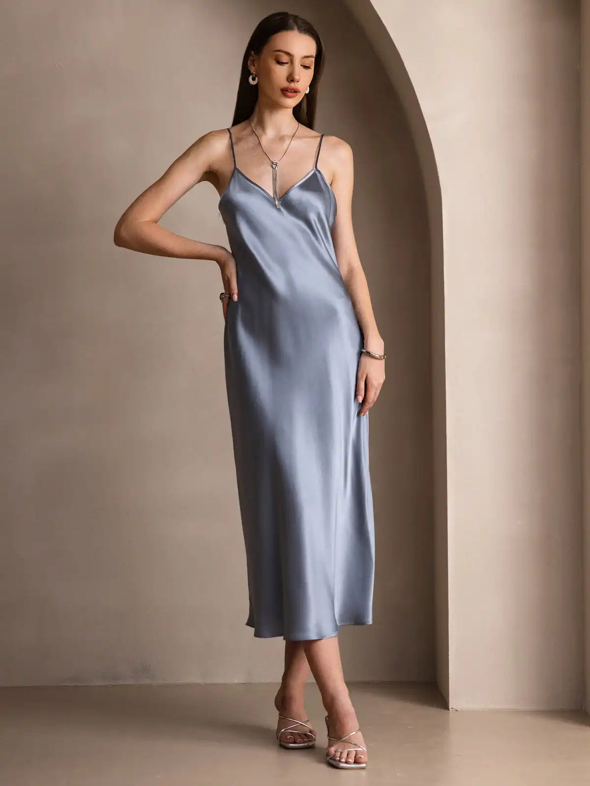 100% Mulberry Silk Spaghetti Strap Midi Long Dress