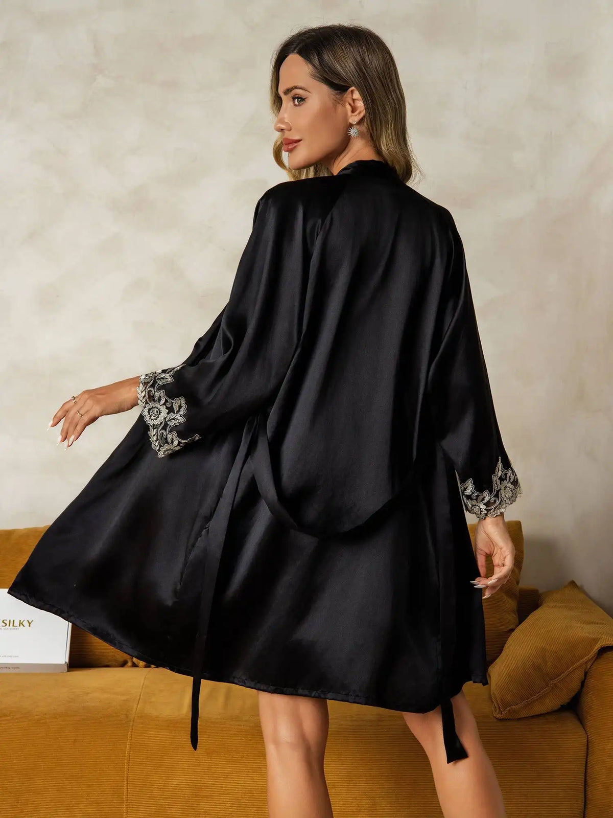 Elegant 100% Mulberry Silk Lace Trimmed Robe and Camisole Set 3Pcs