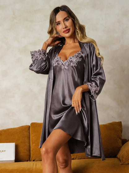 Elegant 100% Mulberry Silk Lace Trim Nightgown & Robe Set 2Pcs