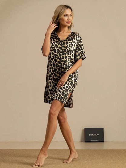 100% Mulberry Silk Half Sleeve V-neck Leopard Printed Short Nightgown with Split Design