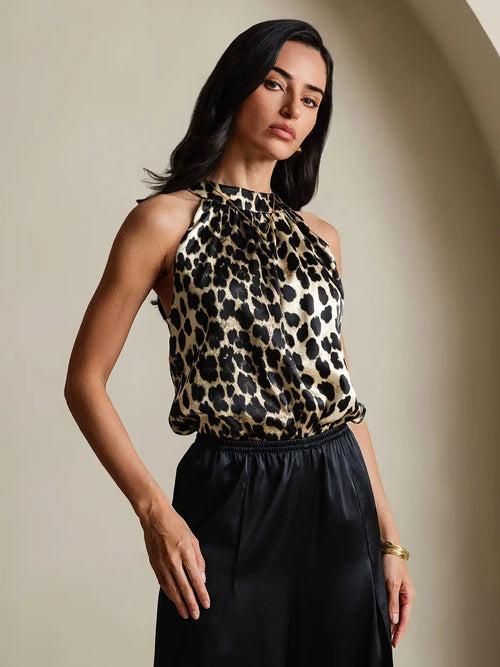 19Momme Silk Leopard Print Sleeveless Halter Neck Women's Top