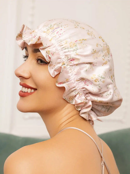 100% Mulberry Silk Sleep Cap Double Layer Bonnet with Ribbon