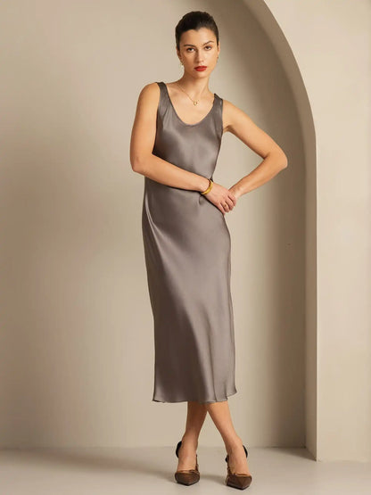 100% Mulberry Silk Sleeveless U Neck Midi Long Dress