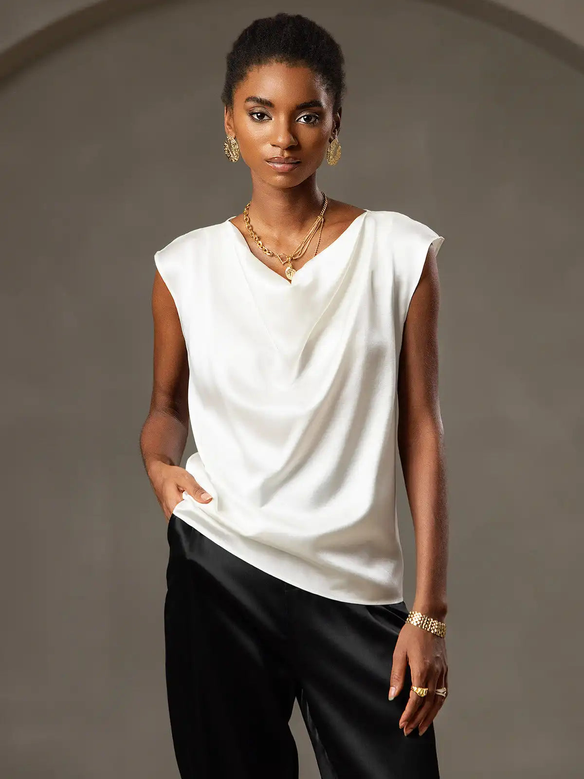 19Momme Women's Silk Cap Sleeve Cowl Neck Top