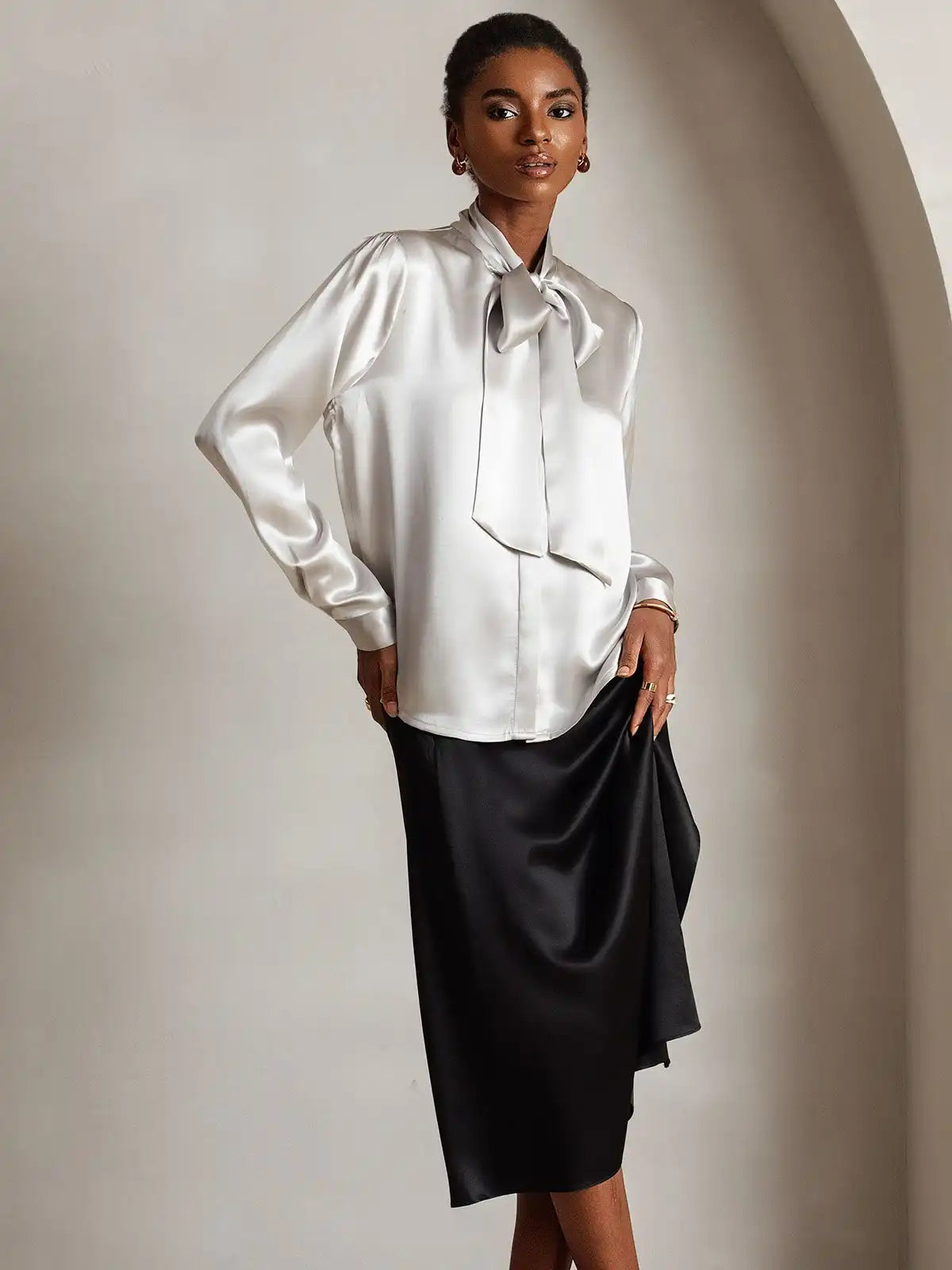 Elegant 19Momme Silk Long Sleeve Tie Neck Blouse