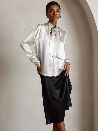 Elegant 19Momme Silk Long Sleeve Tie Neck Blouse