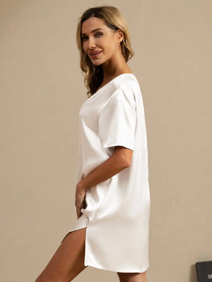 100% Mulberry Silk Half Sleeve V-neck Short Nightgown with Split Design