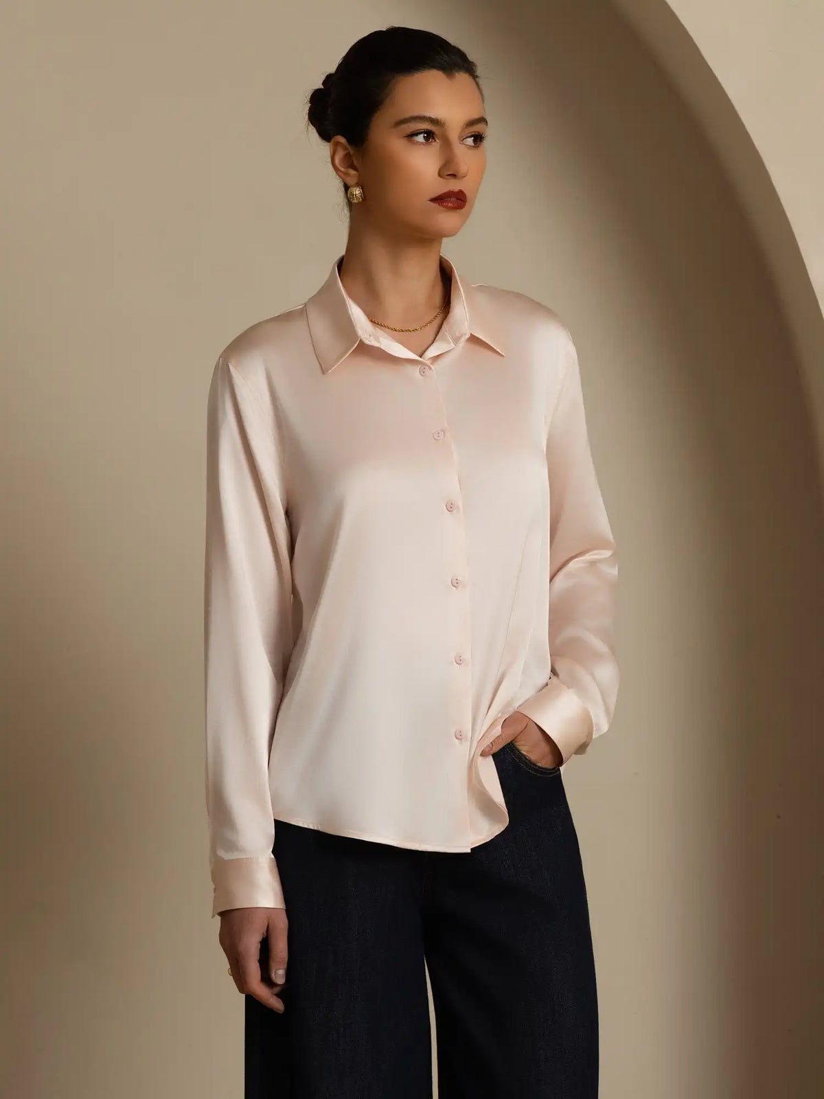 19Momme Silk Long Sleeve Lapel Collar Women's Shirt