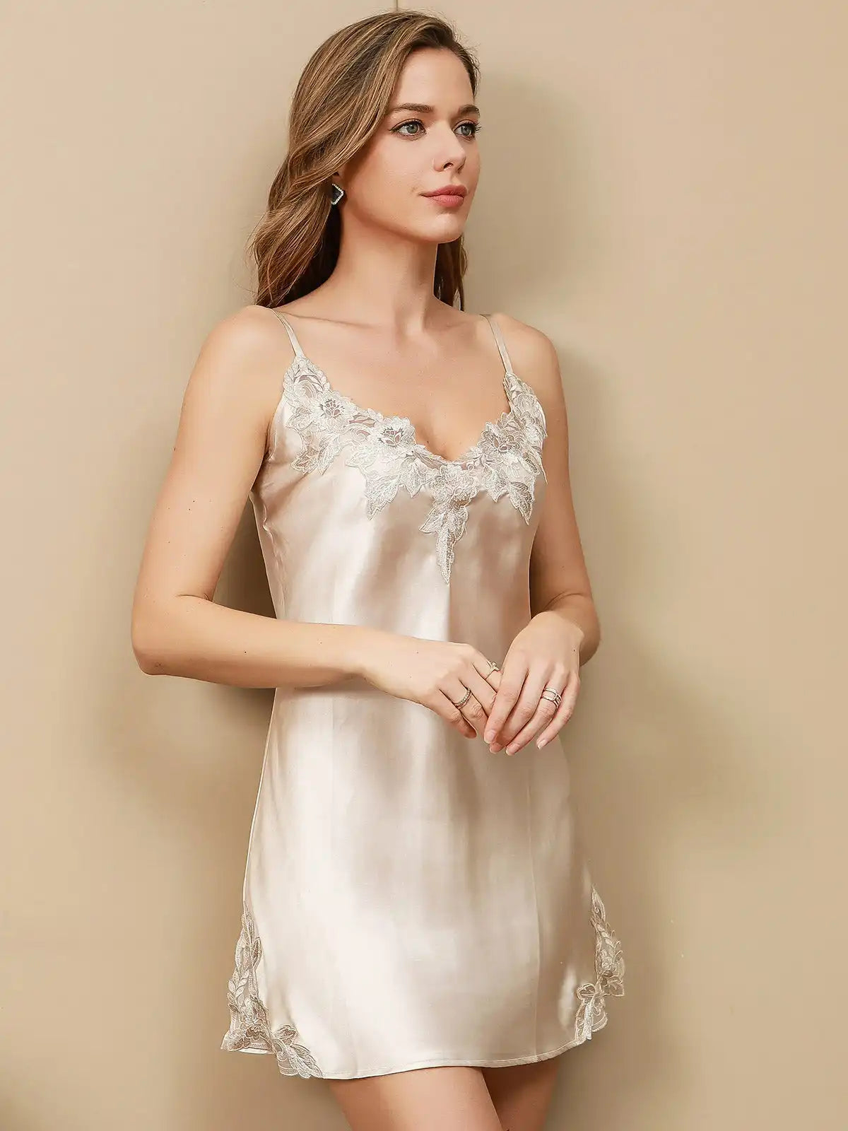 100% Mulberry Silk Spaghetti Strap Mini Nightgown with Lace Design