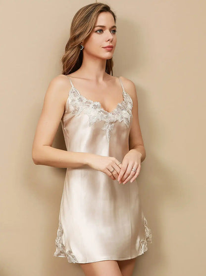 100% Mulberry Silk Spaghetti Strap Mini Nightgown with Lace Design