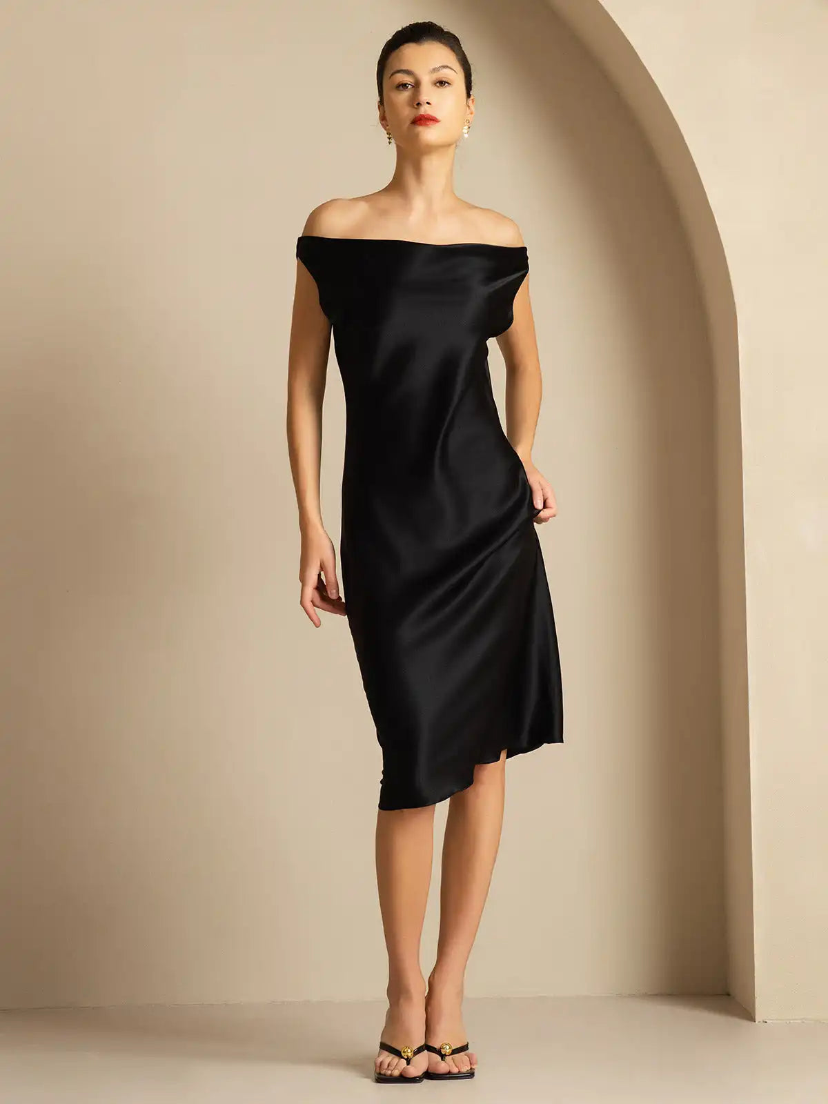 19Momme Silk Sleeveless Cowl Neck Knee Elegant Dress