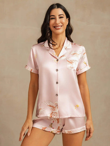 19Momme Women's 100% Mulberry Silk Crane Print Short Sleeve Pajamas Set