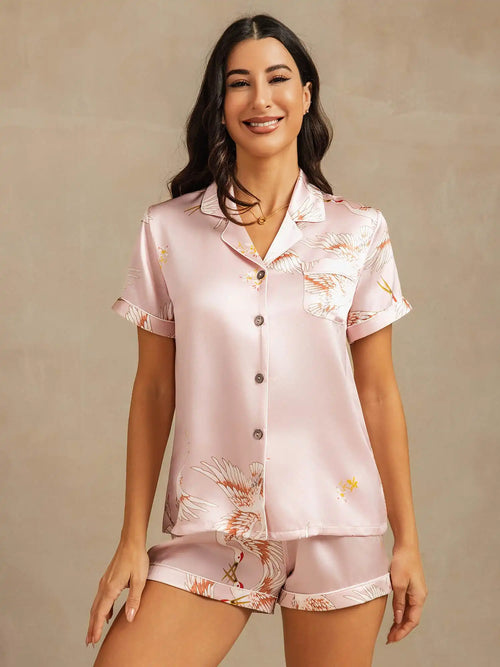 19Momme Women's 100% Mulberry Silk Crane Print Short Sleeve Notch Collar Pajamas Set