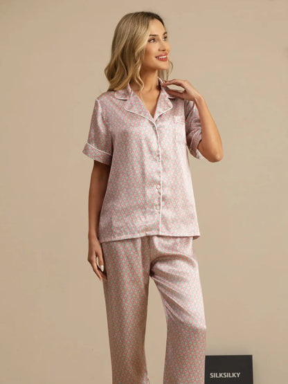 Clearance - 100% Mulberry Silk Geometric Print Short Sleeve Notch Collar Women's Pajamas Set With Pants