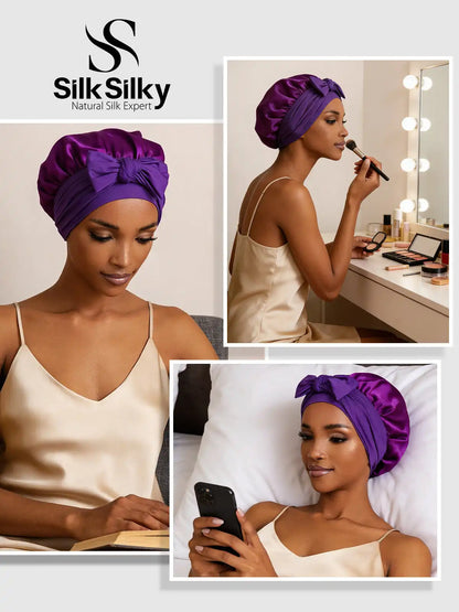 100% Mulberry Silk Bonnet Bowknot Tie Sleep Cap for Hair Protection
