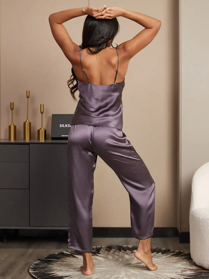 100% Mulberry Silk Spaghetti Strap V Neck Cami & Pants Pajama Set