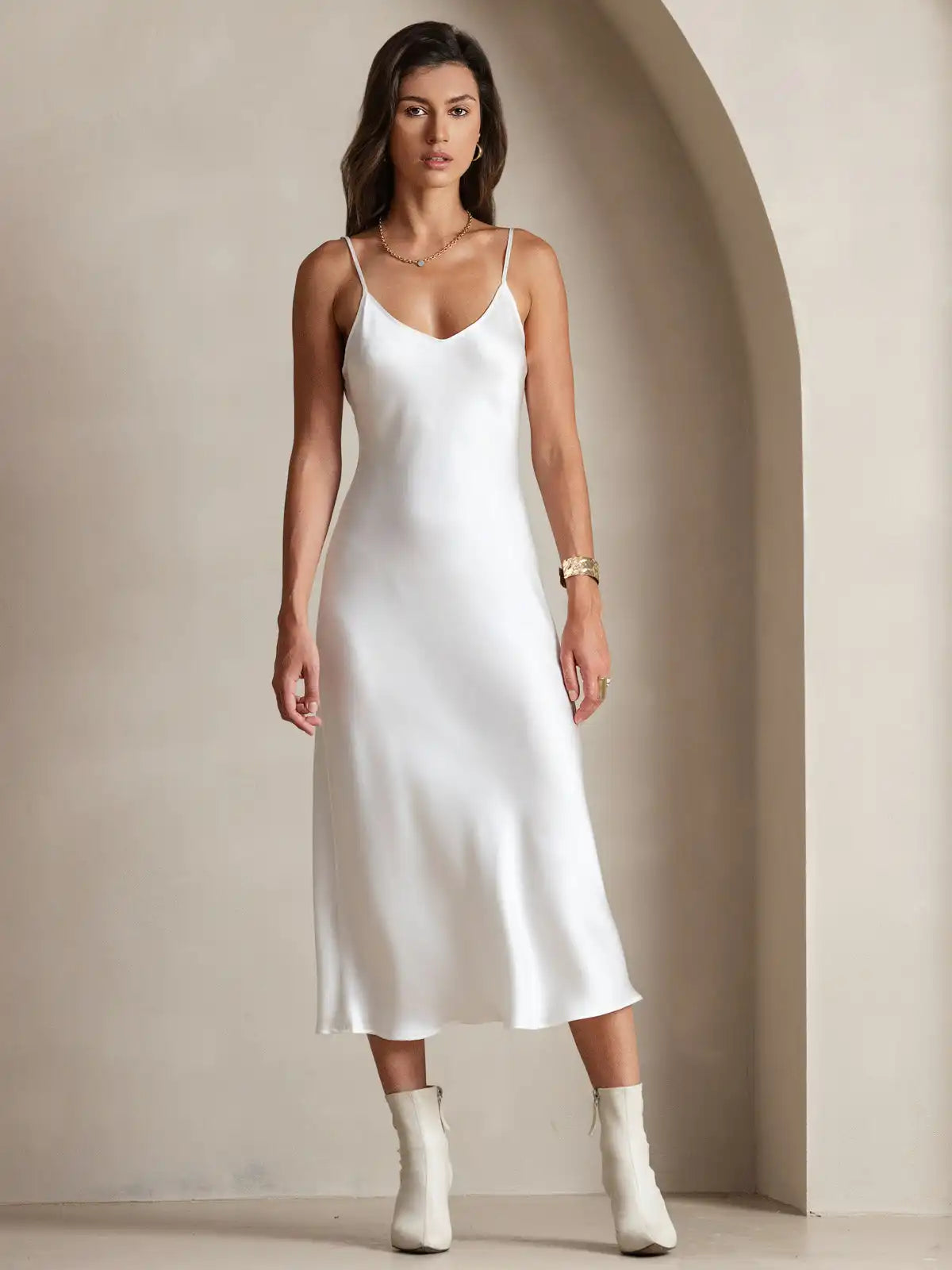 100% Mulberry Silk Spaghetti Strap Midi Long Dress