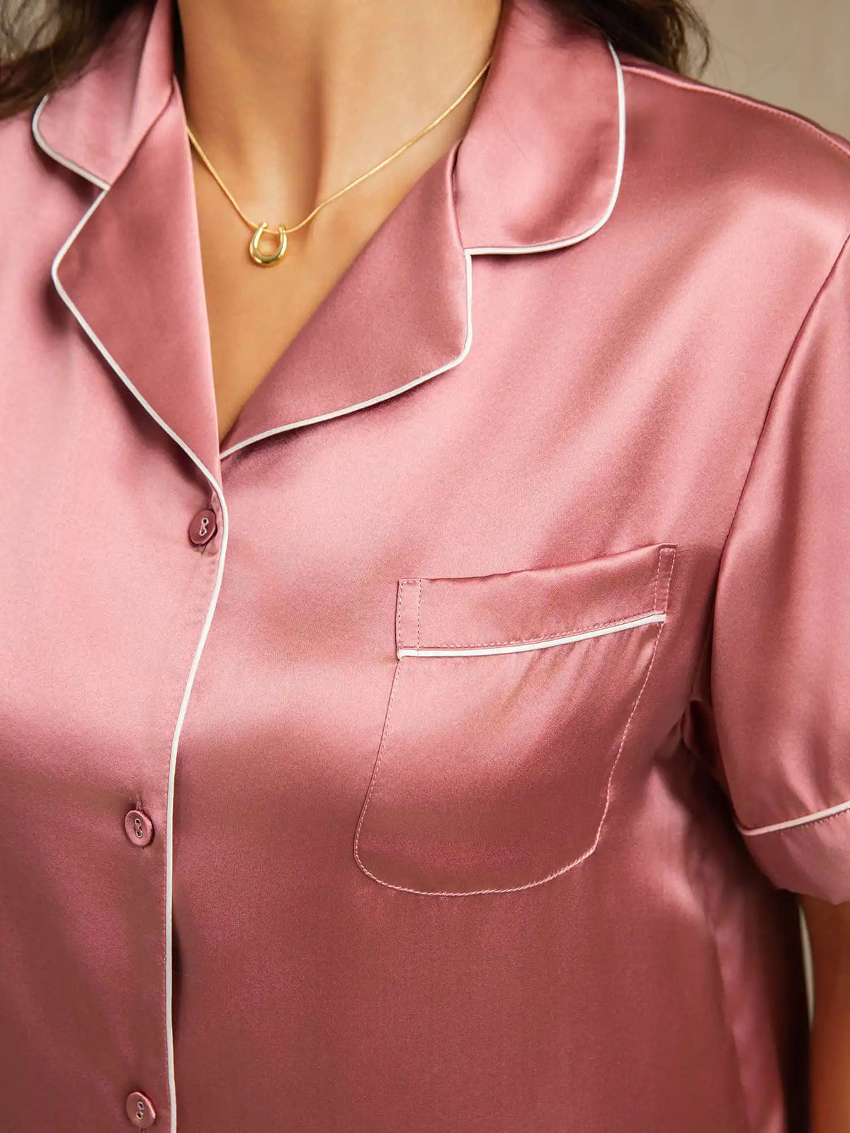100% Mulberry Silk Short Sleeve Notch Collar Above the Knee Women's Pajamas Set