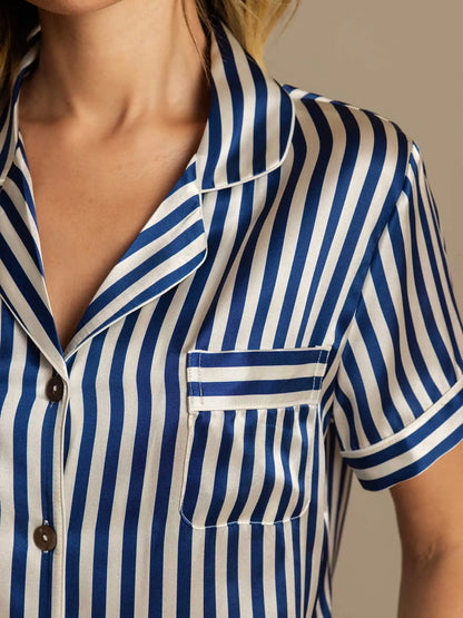 Women's 100% Mulberry Silk Stripe Print Short Sleeve Notch Collar Pajamas Set With Shorts
