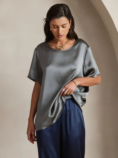 Clearance - Women's Pure Silk Short Sleeve Round Neck T-Shirt