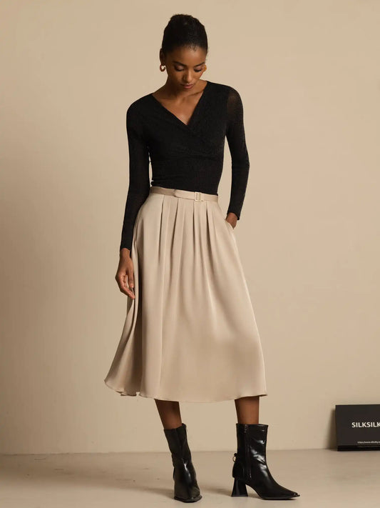 19Momme Silk High Waist A-Line Pleated Midi Skirt with Pockets