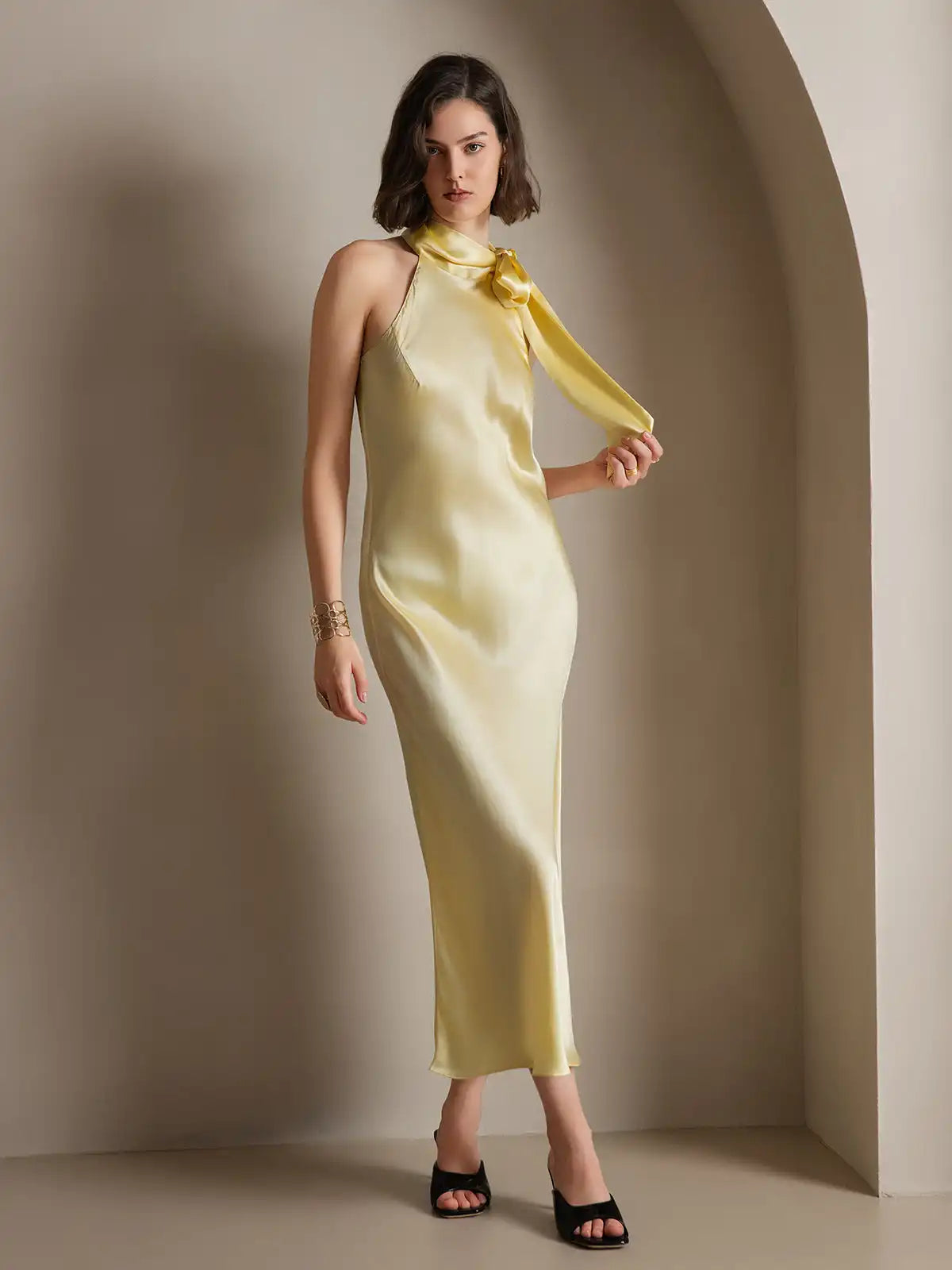 Clearance - 19Momme Silk Sleeveless Tie Neck Midi Dress