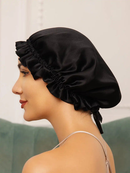 100% Mulberry Silk Sleep Cap Double Layer Bonnet with Ribbon
